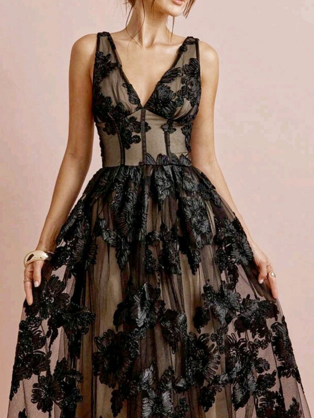 New Luxe Floral Embroidered Applique Full Midi Dress Black Sleeveless - Picture 3 of 14